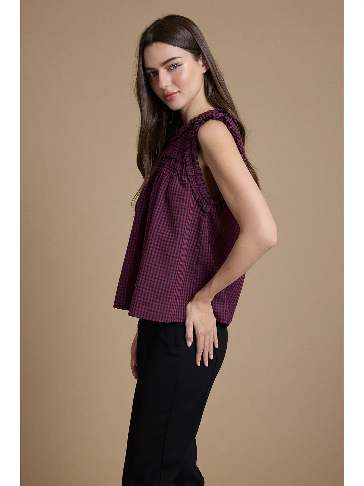 Smocked Ruffle Gingham Sleeveless Top