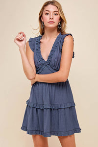 Sleeveless V Neck Ruffle Detail Dress