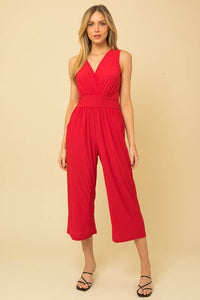SURPLICE SLEEVELESS WAIST DEFINED CROPPED JUMPSUIT