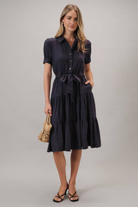 Short Sleeve Button Down Belted Tiered Midi Dress