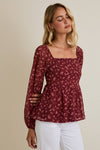 SQUARE NECK PUFF LONG SLEEVE SMOCKING BACK DITSY TOP