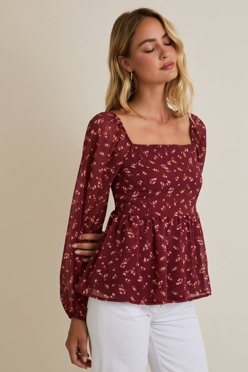 SQUARE NECK PUFF LONG SLEEVE SMOCKING BACK DITSY TOP