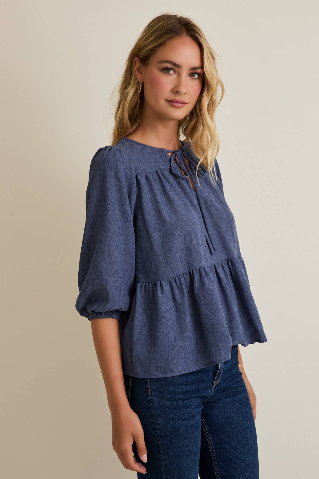 ROUND NECK FRONT TIE 3/4 SLEEVE TOP