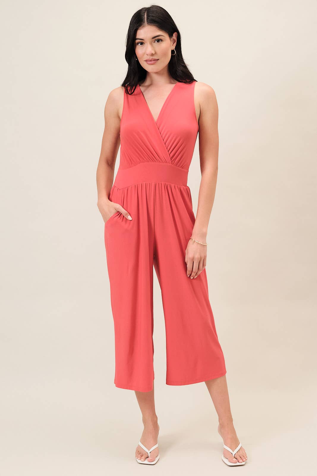 SURPLICE SLEEVELESS WAIST DEFINED CROPPED JUMPSUIT