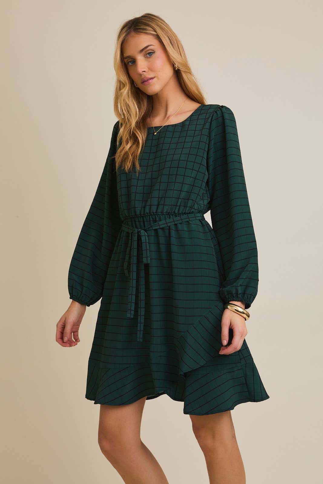 ROUND NECK LONG SLEEVE WAIST TIE GRID MINI DRESS