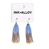 Game Day Tassel Seed Bead Earrings Blue + Orange