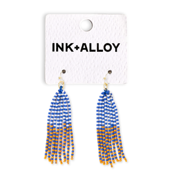 Game Day Tassel Seed Bead Earrings Blue + Orange