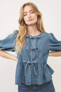 DENIM FRONT BOW TIE PEPLUM BLOUSE