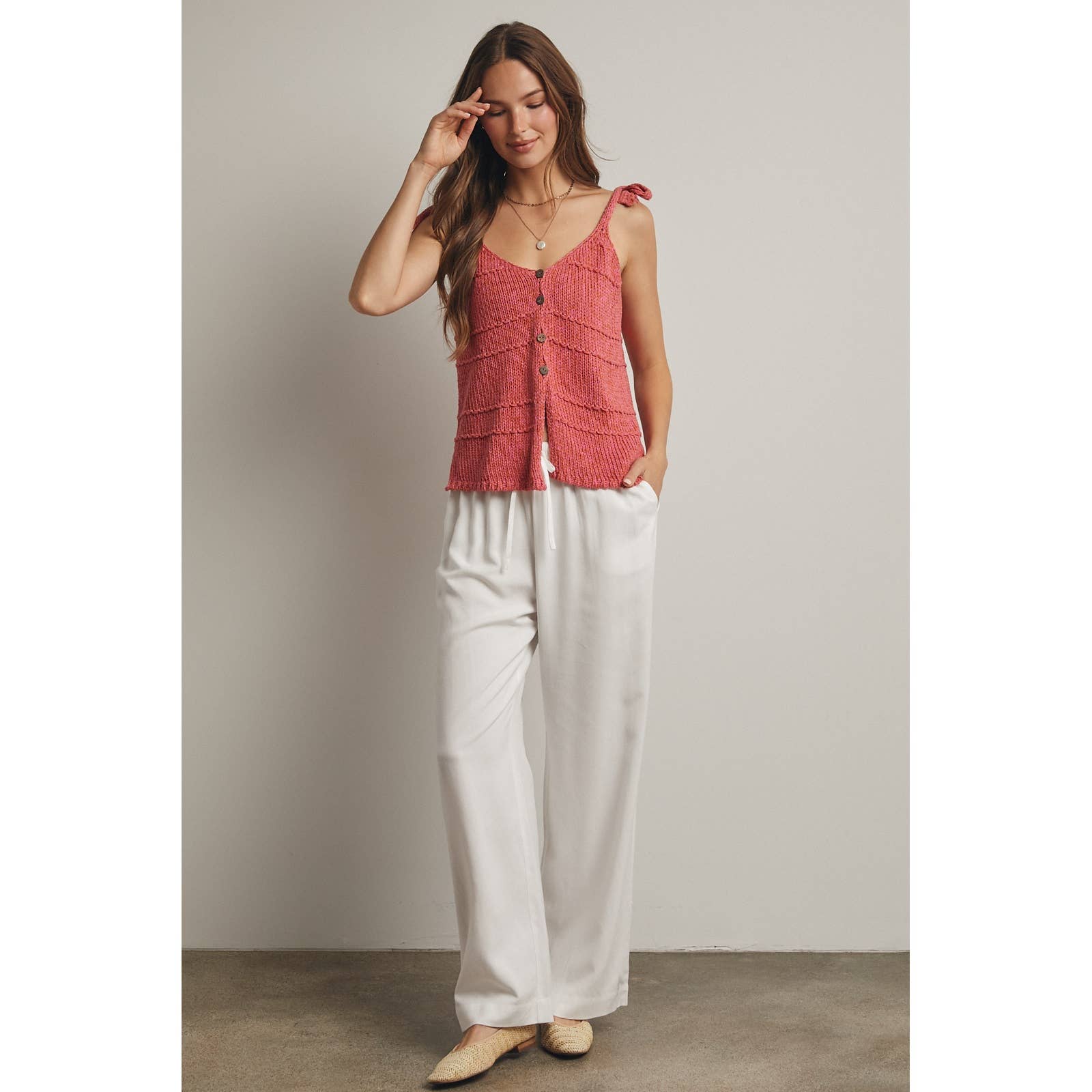 Tied Shoulder Button Button-Up Knit Cami