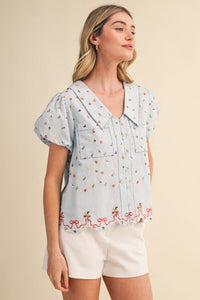 Embroidered Floral Bubble Sleeve Button Down Top