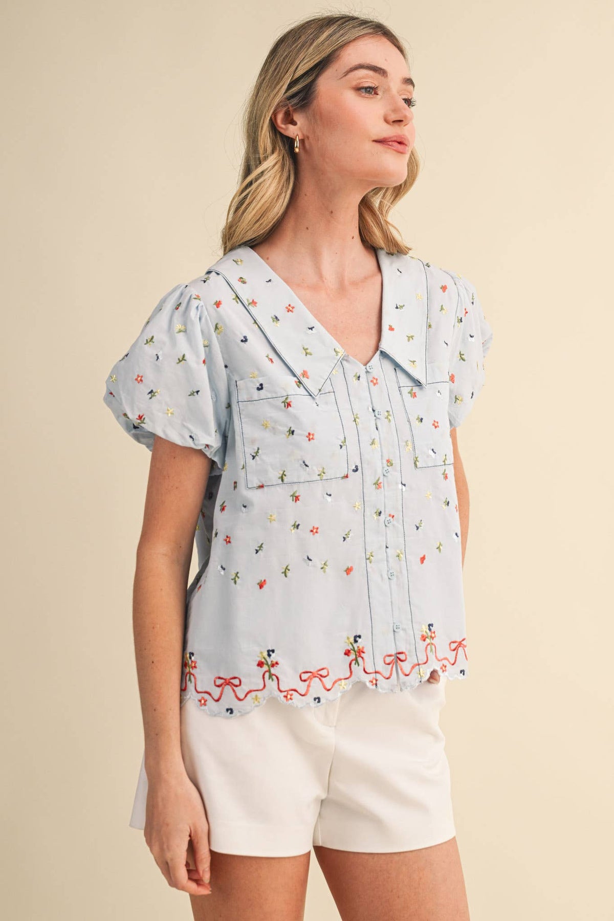 Embroidered Floral Bubble Sleeve Button Down Top