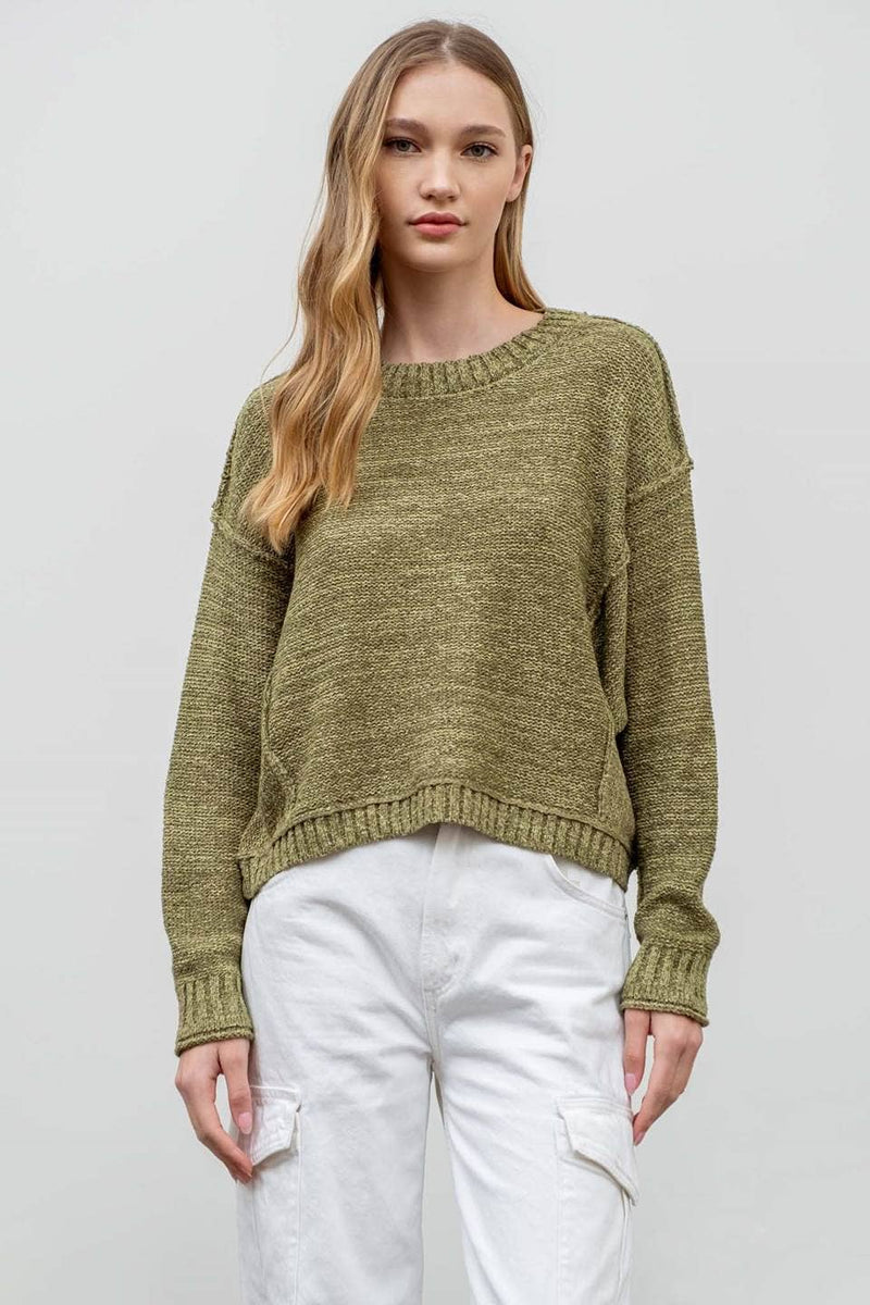 EXPOSED SEAM DROP SHOULDER PULLOVER SWEATER
