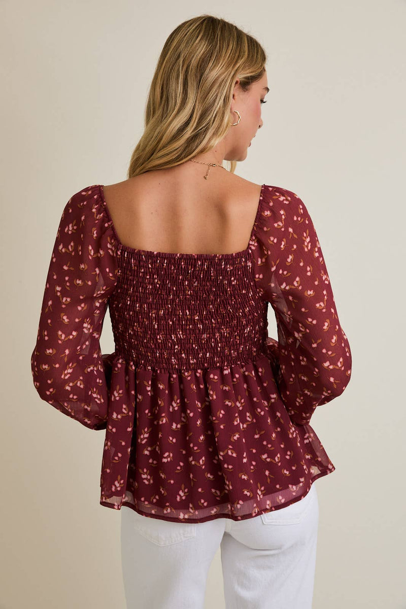 SQUARE NECK PUFF LONG SLEEVE SMOCKING BACK DITSY TOP