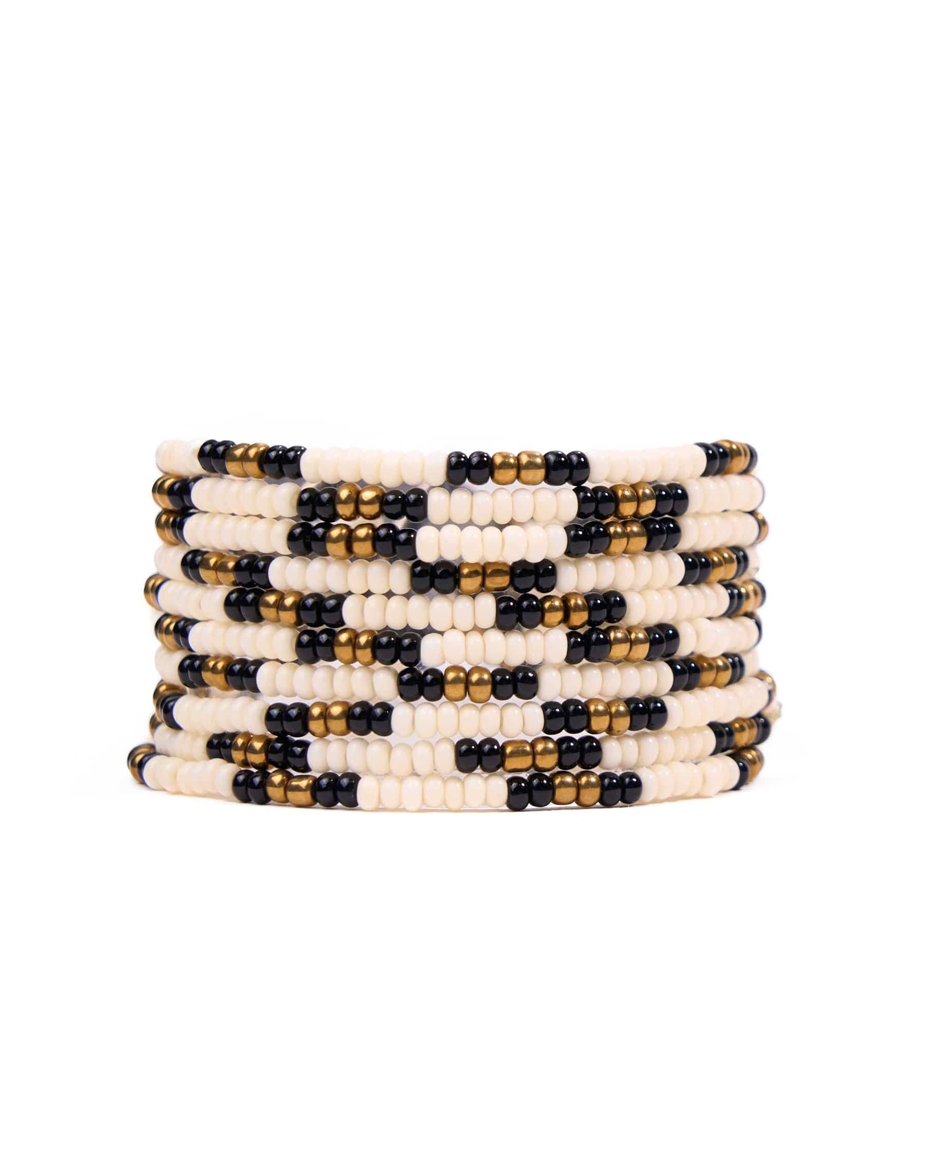 Sage Beaded 10 Strand Stretch Bracelets Gold, Black, + Ivory