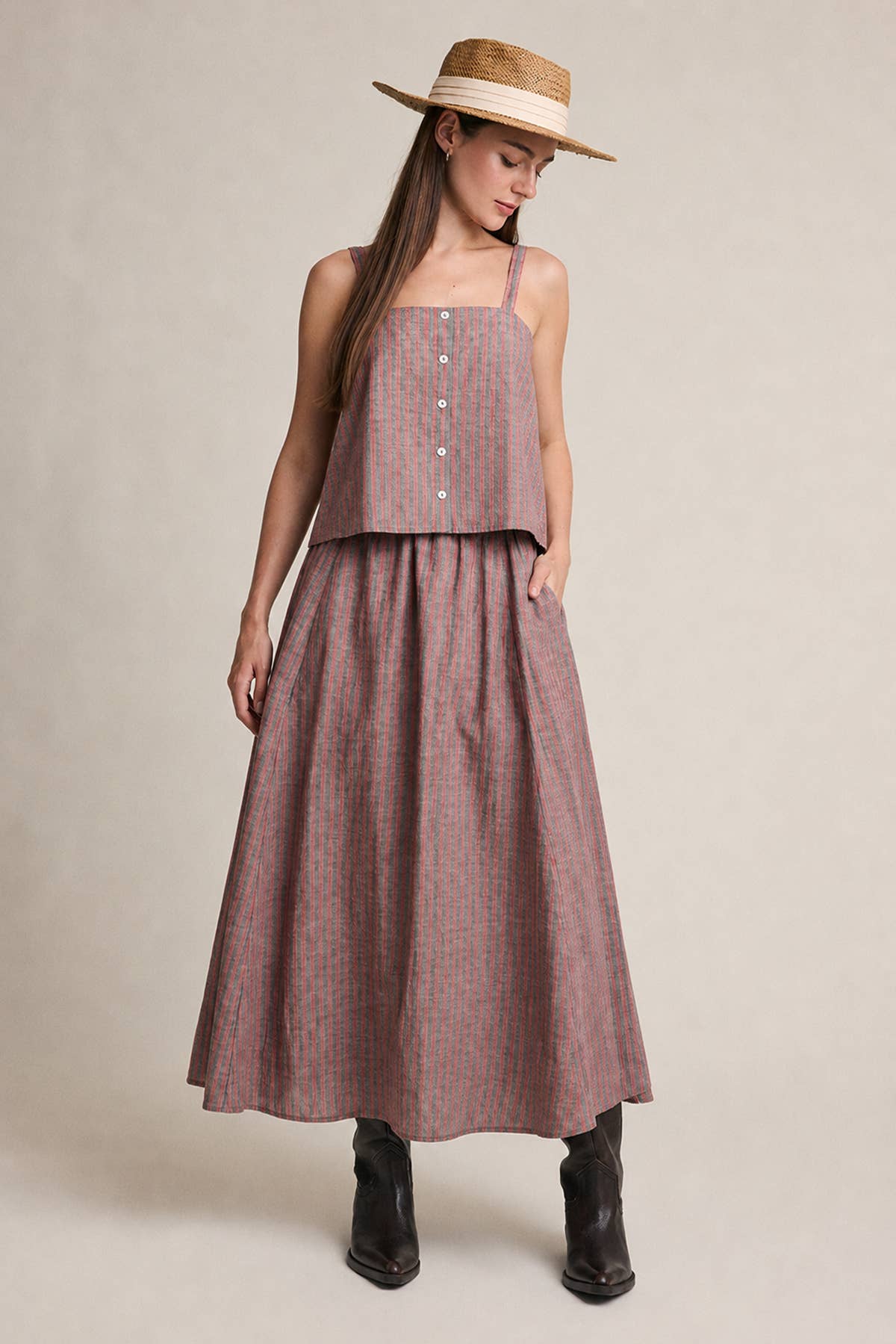 Striped Linen Blend Midi Skirt