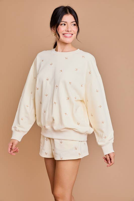 ROUND NECK LONG SLEEVE RIBBON EMBROIDERED SWEATSHIRT