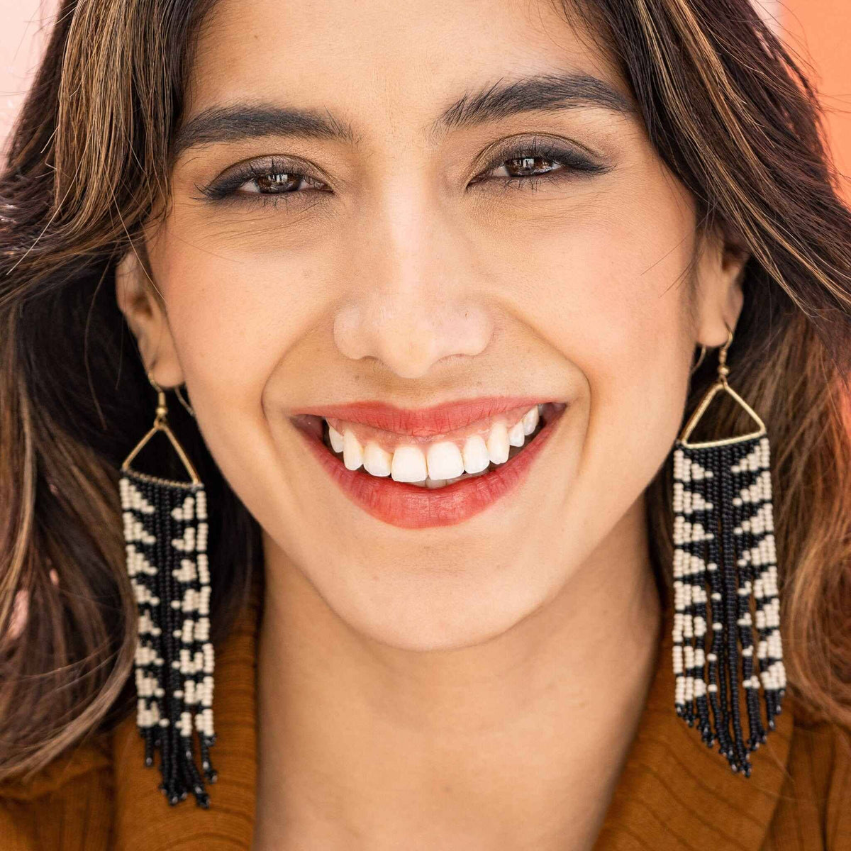 Emilie Arrow Beaded Fringe Earrings Black Wholesale