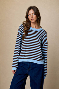 Stripe Relaxed Back Button Detail Knit Sweater