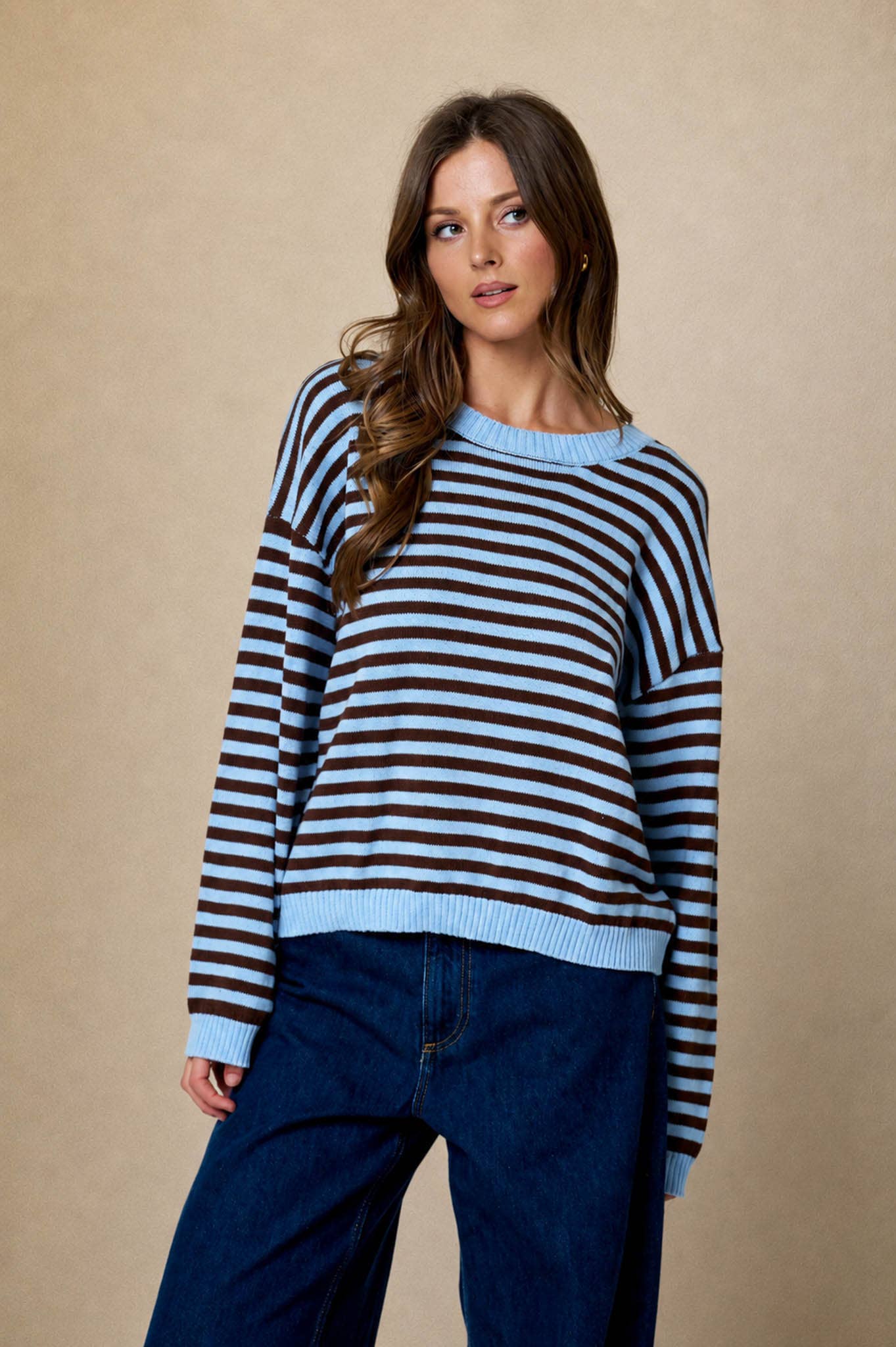 Stripe Relaxed Back Button Detail Knit Sweater
