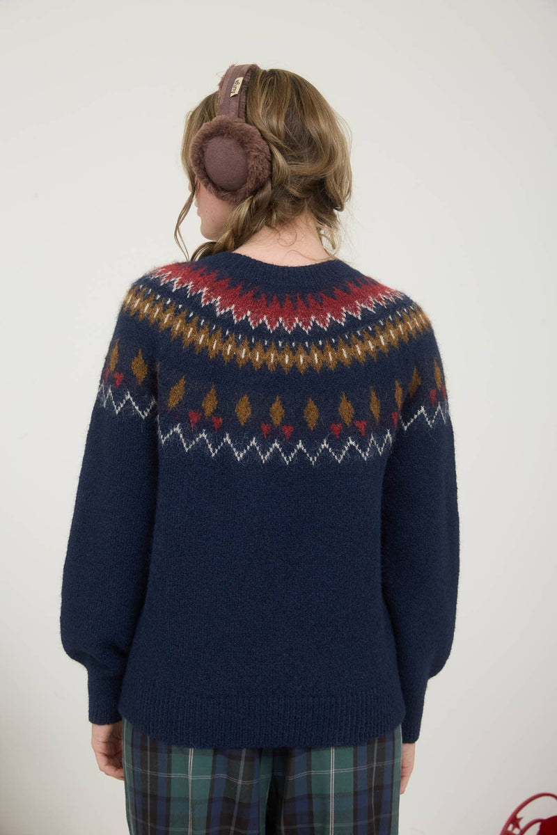 Fuzzy Faire Isle Crew Neck Sweater