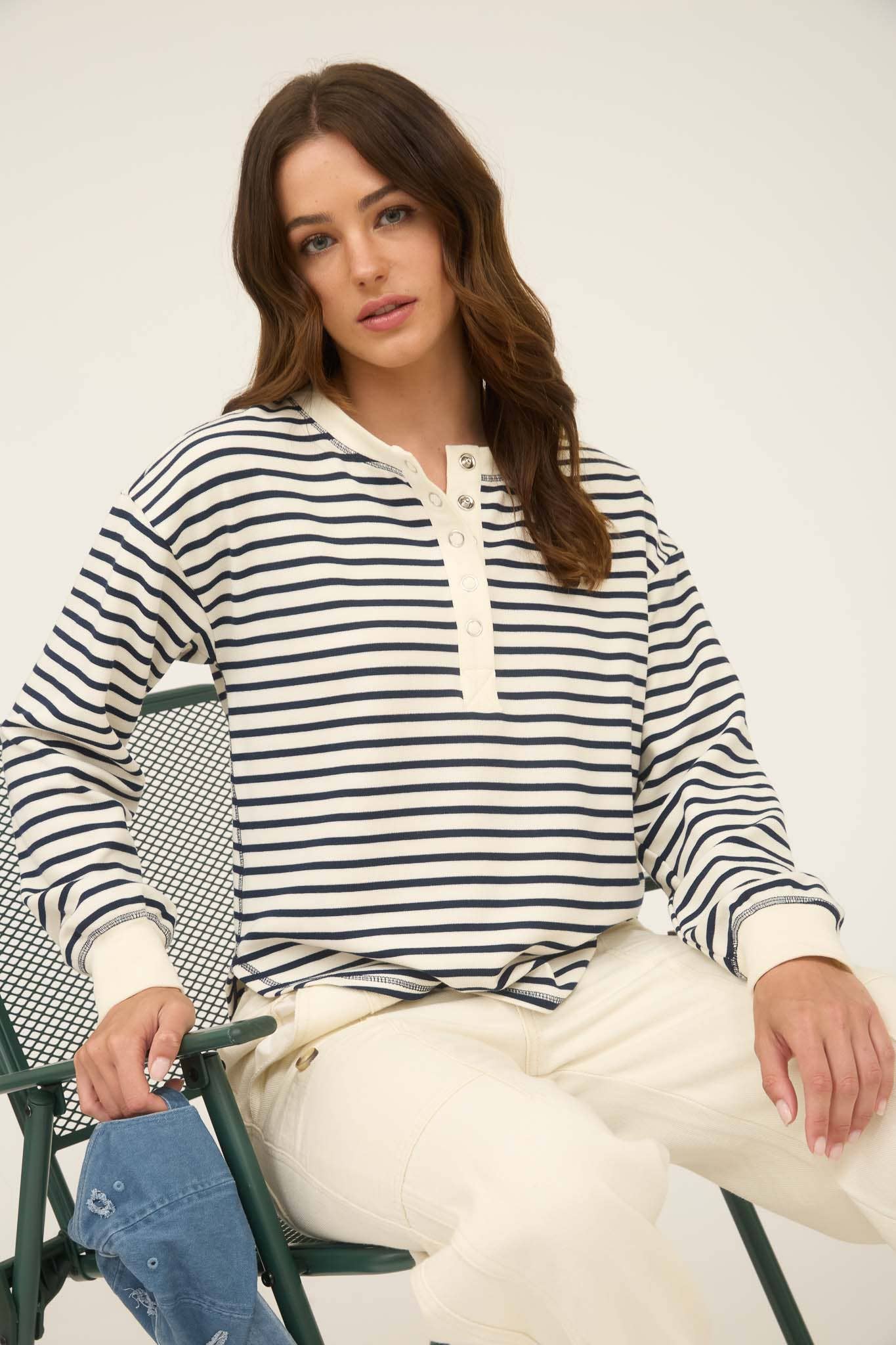 Stripe Snap Button Henley
