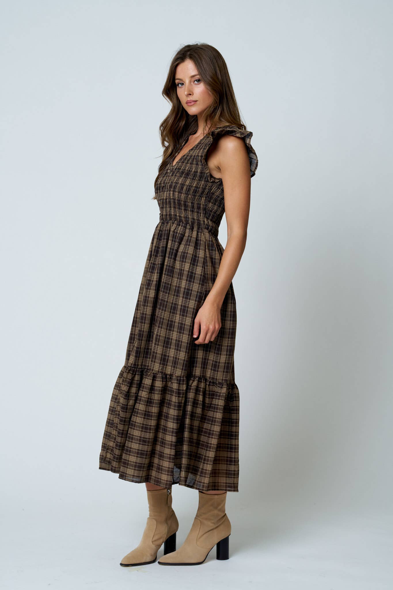 Plaid Smocked V-Neck Button Down Ruffled Midi Dress