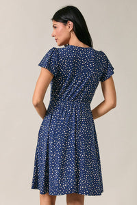 SURPLICE V NECK FLUTTER FAUX WRAP DOT PRINT MINI DRESS