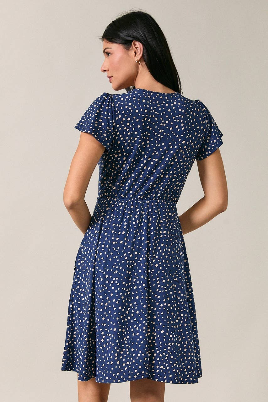 SURPLICE V NECK FLUTTER FAUX WRAP DOT PRINT MINI DRESS