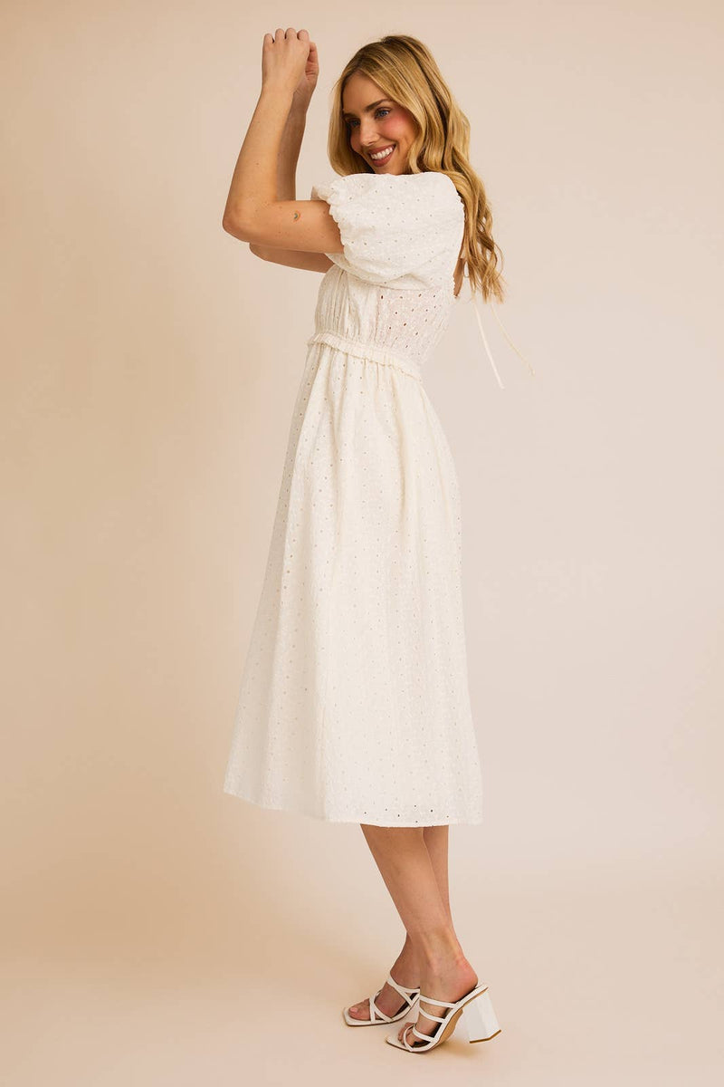 PUFF HALF SLEEVE EYELET MIDI DRESS