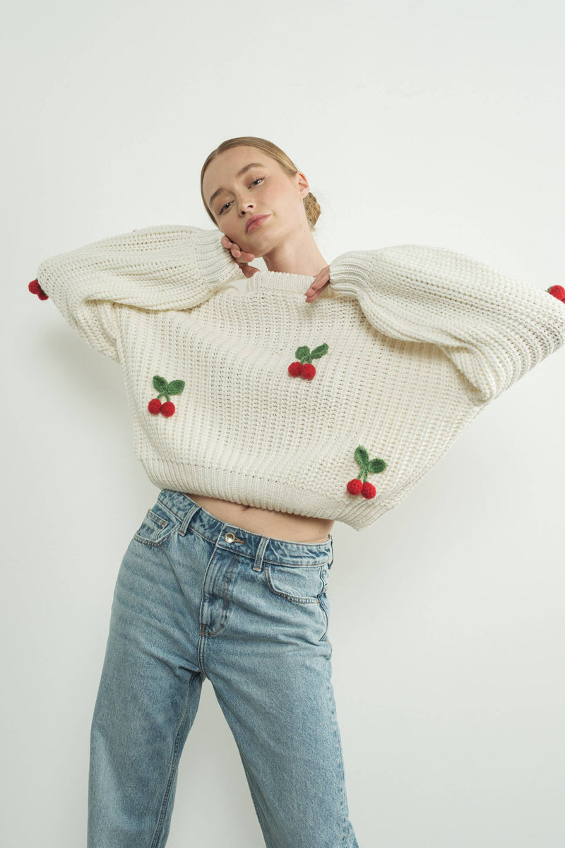 3D CHERRY CHUNKY KNIT SWEATER