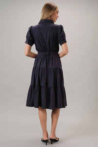 Short Sleeve Button Down Belted Tiered Midi Dress