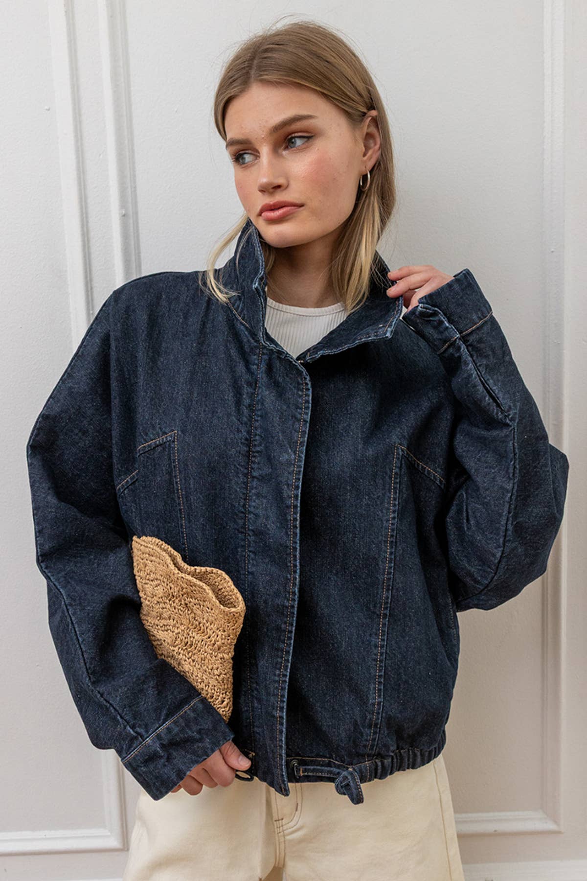 High Neck Drawstring Hem Denim Jacket