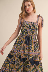 Exclusive Floral Patchwork Tie Strap Midi Dress