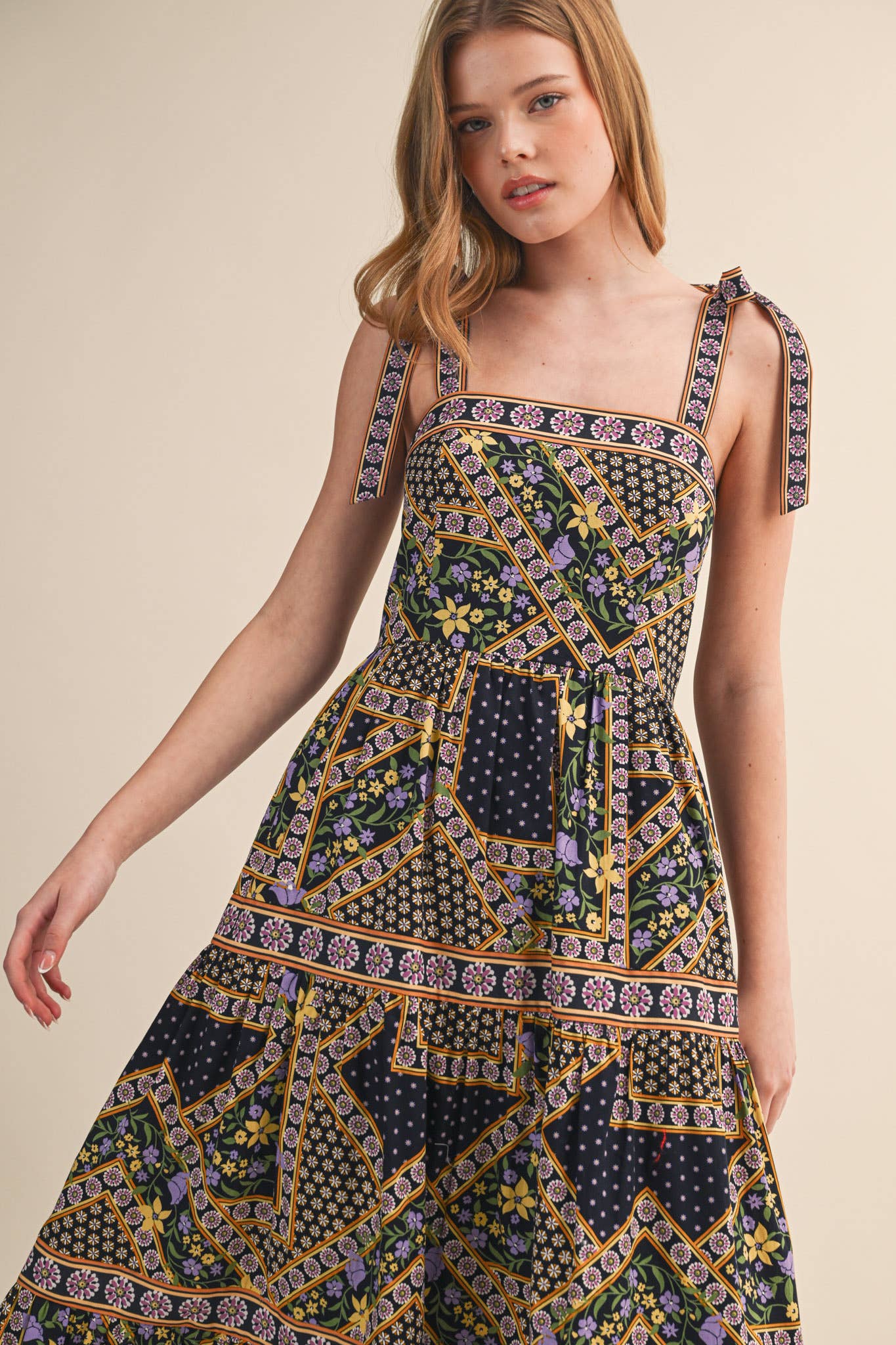 Exclusive Floral Patchwork Tie Strap Midi Dress