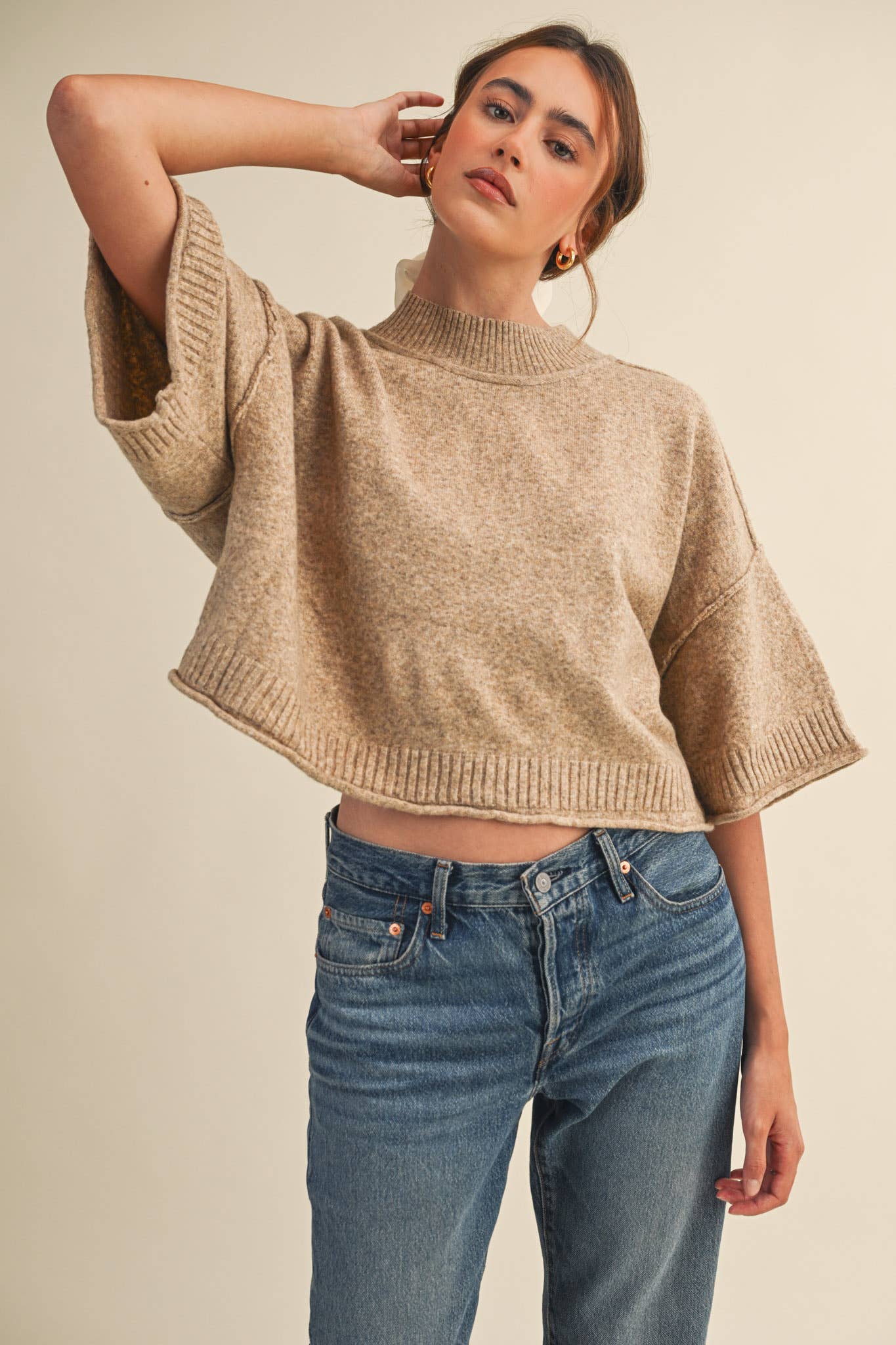 Marled Knit Mock Neck Short Sleeve Sweater
