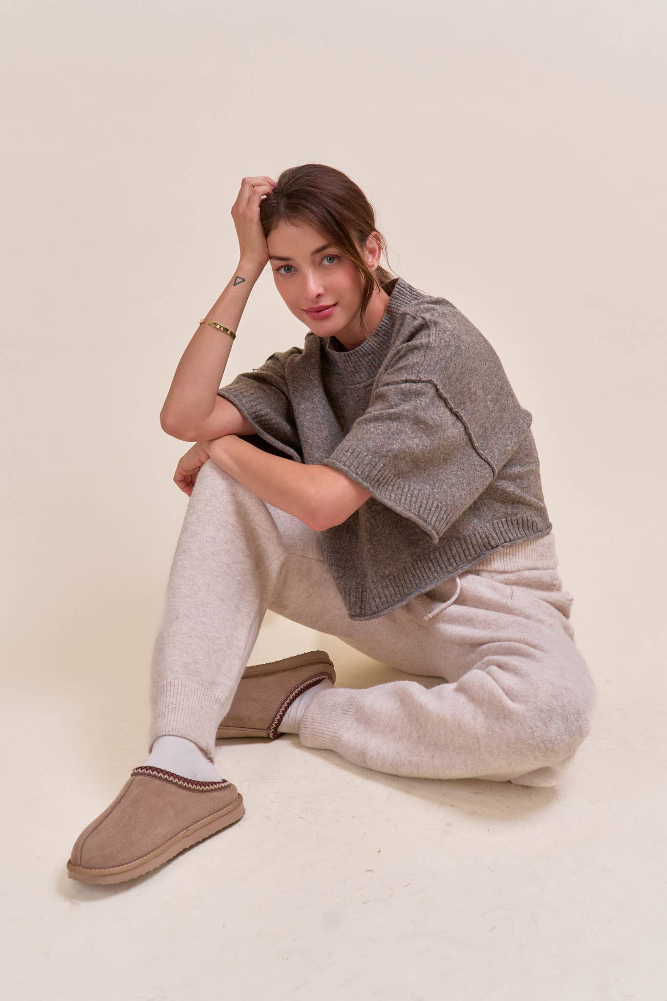 Marled Knit Mock Neck Short Sleeve Sweater