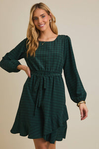 ROUND NECK LONG SLEEVE WAIST TIE GRID MINI DRESS