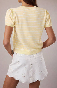 HALF SLEEVE CREW NECK PUFF STRIPED SWEATER TOP