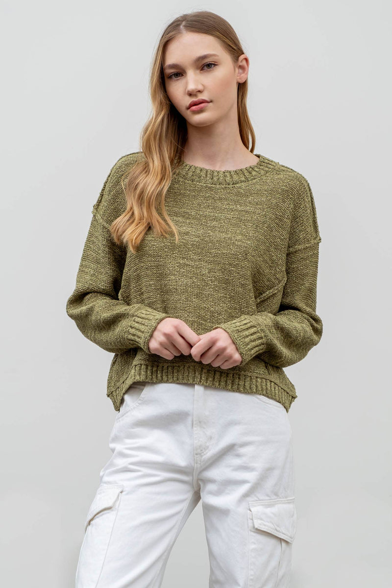 EXPOSED SEAM DROP SHOULDER PULLOVER SWEATER