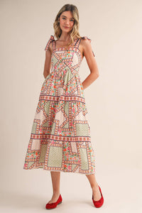 Exclusive Floral Patchwork Tie Strap Midi Dress