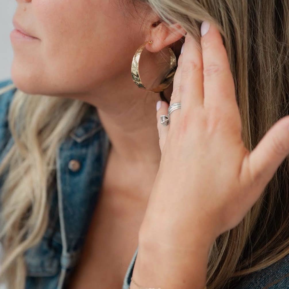 Rain Hammered Statement Hoops Earrings Gold Filled