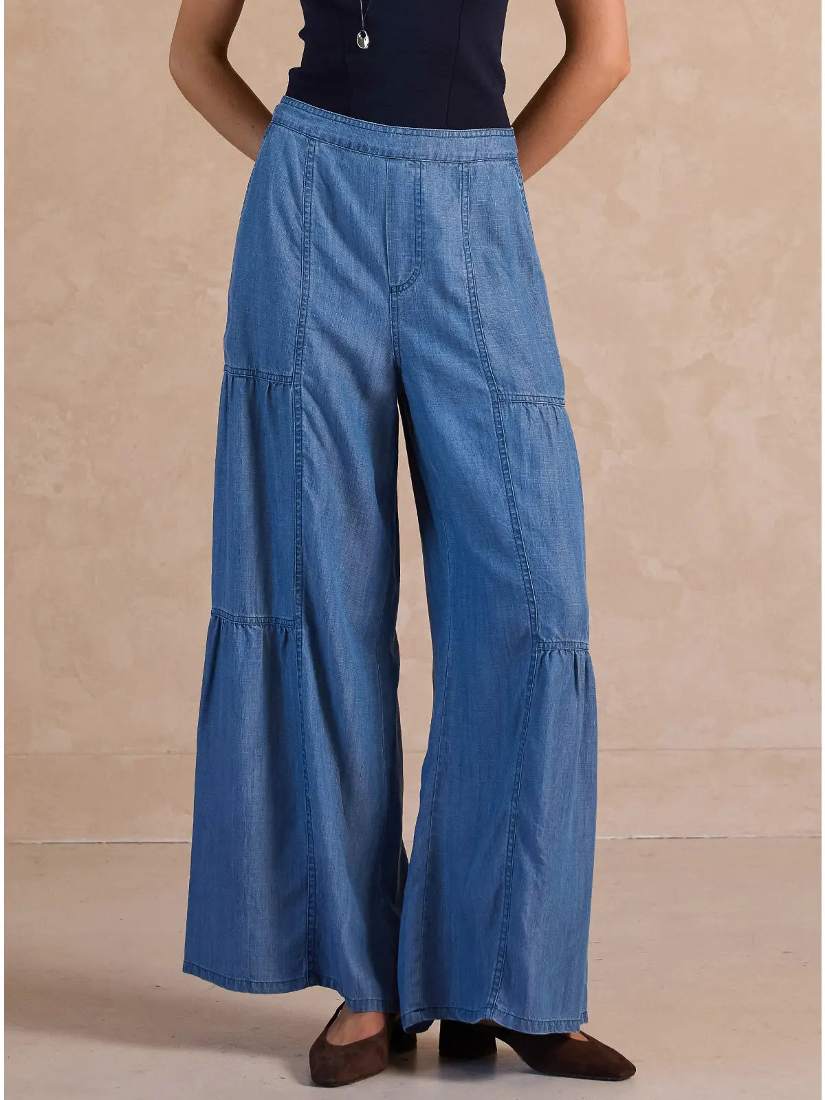 Chambray Tiered Wide Leg Pants