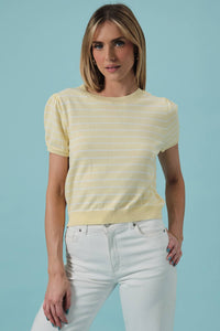 HALF SLEEVE CREW NECK PUFF STRIPED SWEATER TOP
