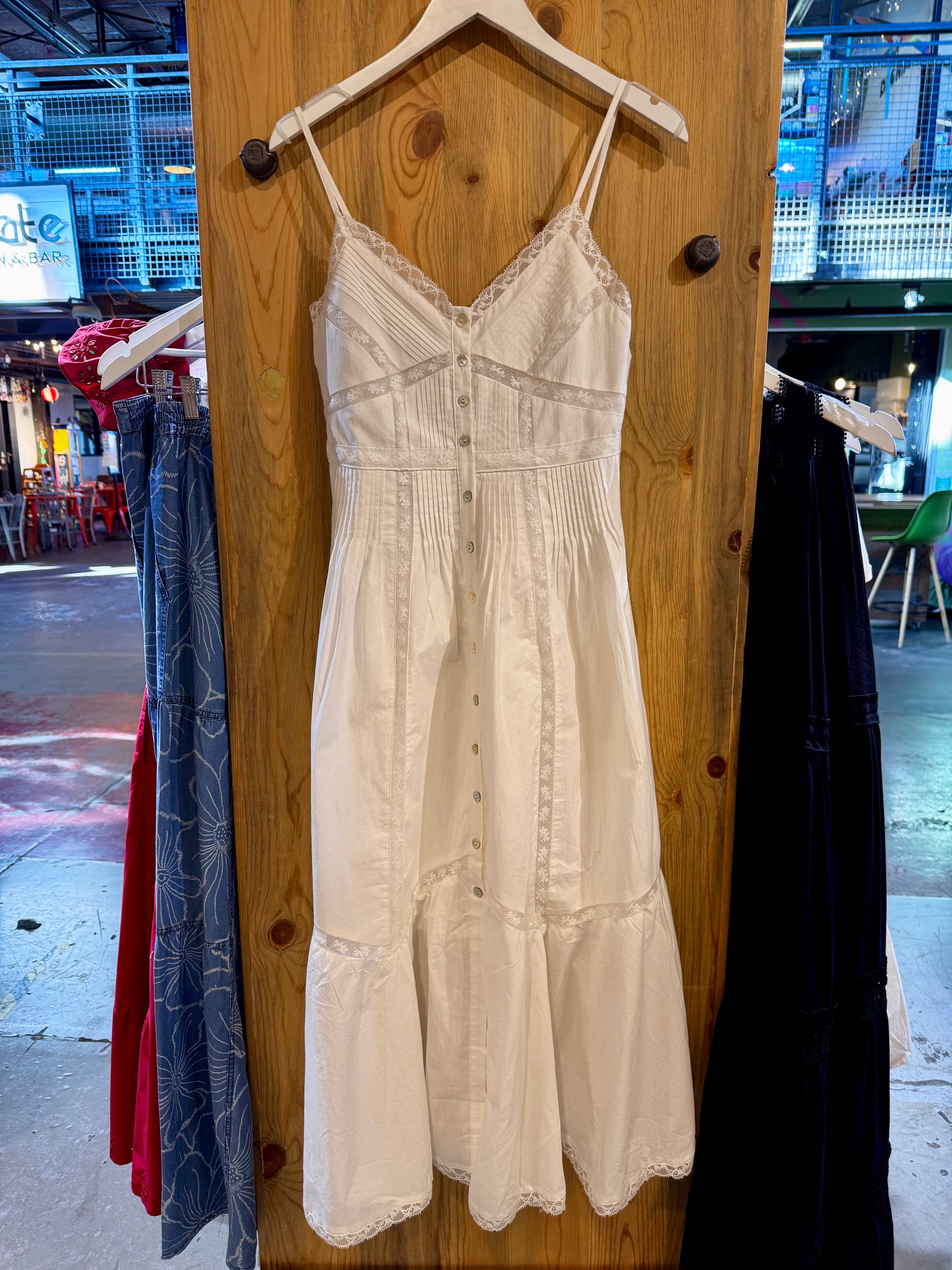 Lace Trim Button-Down White Maxi Dress