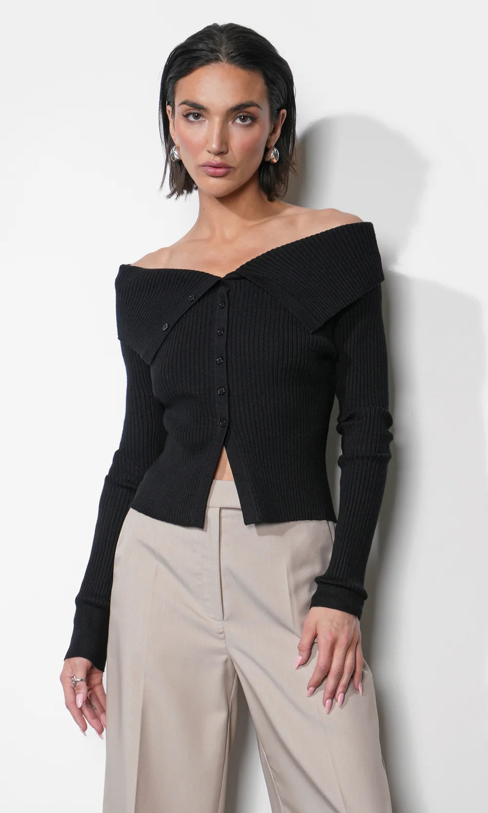 The Linnea Button Down Off Shoulder Sweater Top