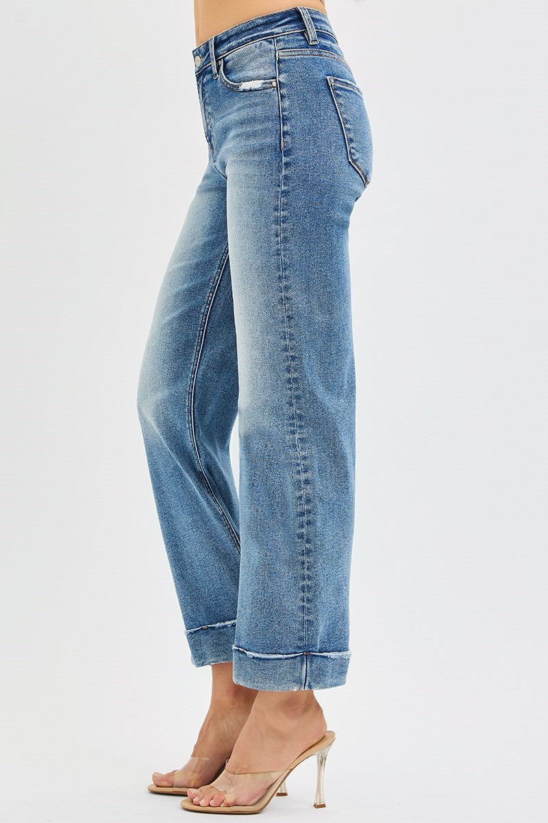 Risen Mid Rise Crop Straight Taylor Cuffed Jeans
