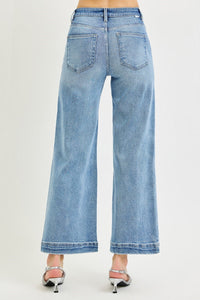 Risen High Rise-Crop Wide-Front Yoke Detail Jeans -Stretchy
