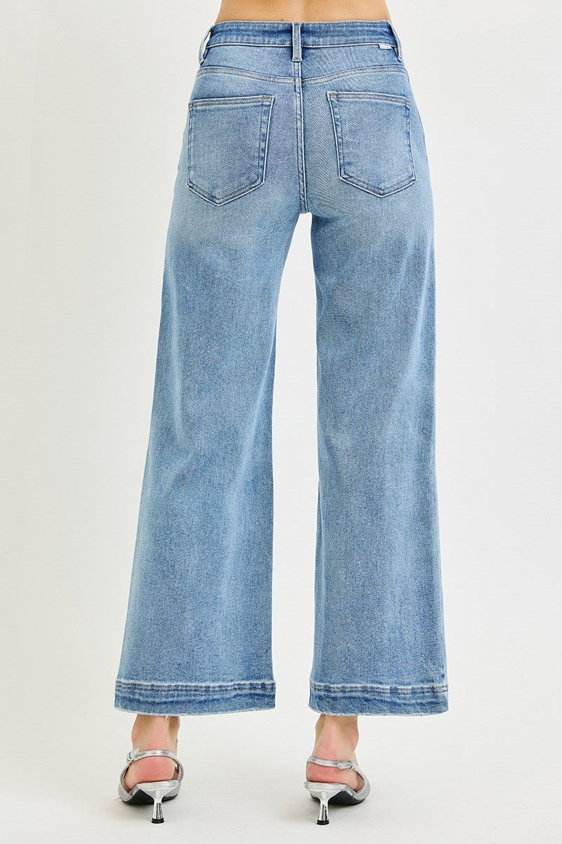 Risen High Rise-Crop Wide-Front Yoke Detail Jeans -Stretchy