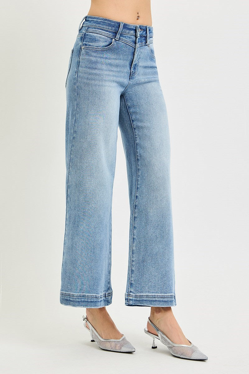 Risen High Rise-Crop Wide-Front Yoke Detail Jeans -Stretchy