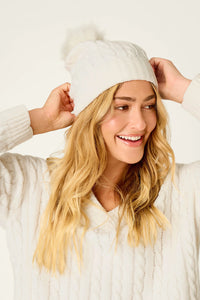 PJ Salvage Cozy Chenille Cable Knit Ivory Beanie with Pompom